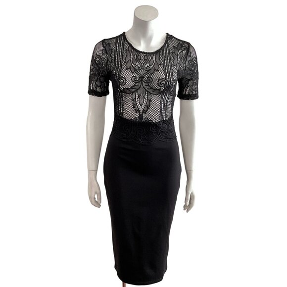 Zara Mesh Bodice Short Sleeve Sheath Dress Black M - Picture 1 of 10